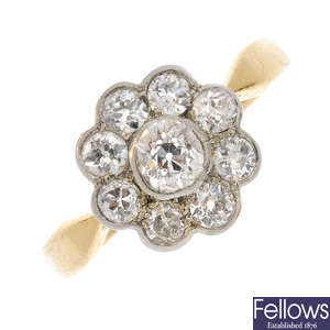 A mid 20th century 18ct gold diamond floral cluster ring.