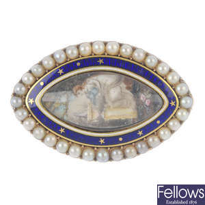 A mid 19th century gold, enamel and split pearl memorial brooch.