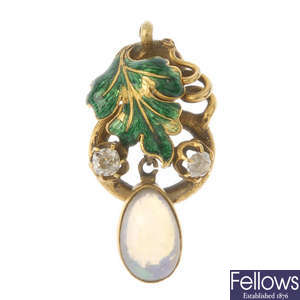 A late 19th century gold, diamond, opal and enamel pendant.