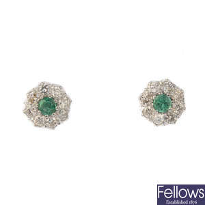 A pair of emerald and diamond cluster ear studs. 