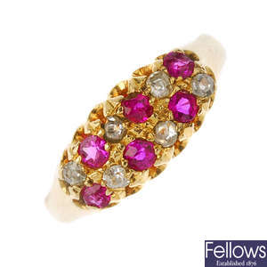 An early 20th century 18ct gold diamond and synthetic ruby two-row ring.