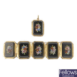 A late 19th century gold micro mosaic bracelet and pendant.