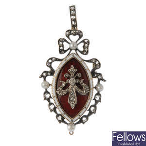 A late 19th century silver and gold, diamond, seed pearl and enamel pendant.