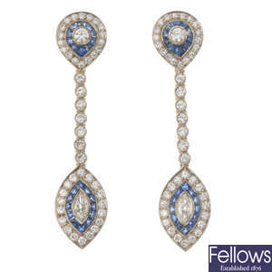 A pair of 18ct gold diamond and sapphire ear pendants.