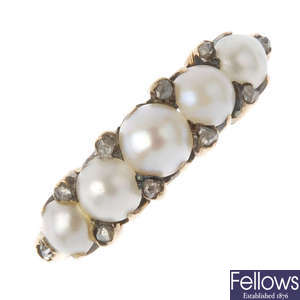 A late 19th century gold split pearl and diamond point ring.