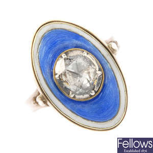 A diamond and enamel dress ring.