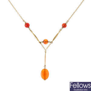 A carnelian and imitation pearl necklace, together with a pair of ear pendants.