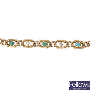 An early 20th century 15ct gold turquoise and split pearl bracelet.