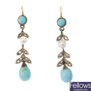 A pair of turquoise and seed pearl ear pendants.