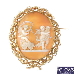 A mid 19th century gold carved shell cameo.