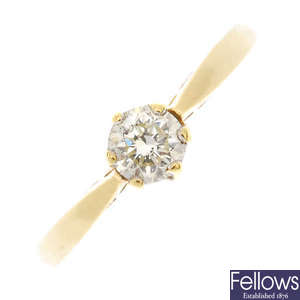 A single stone diamond ring, round brilliant cut, assesed in the mount 0.30ct approximately, I/J colour PK clarity, hallmarked 18ct yellow gold mount (2g); 