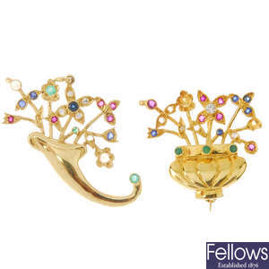An 18ct gold multi-gem floral spray brooch and similar pendant.