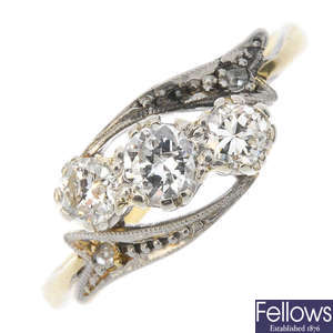 A mid 20th century platinum and 18ct gold diamond three-stone ring.