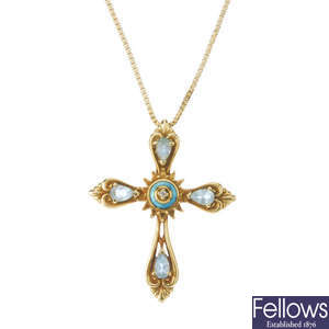 A 14ct gold enamel and gem-set cross pendant, with chain.