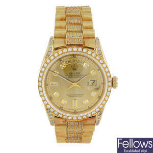 ROLEX - a gentleman's diamond set 18ct yellow gold Oyster Perpetual Day-Date bracelet watch.