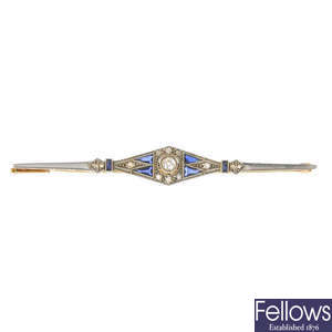 An art deco 18ct gold and platinum diamond and synthetic sapphire bar brooch.