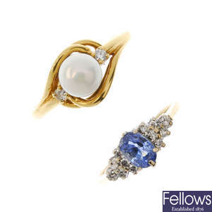 An 18ct gold cultured pearl ring, together with a 9ct gold sapphire and diamond ring.