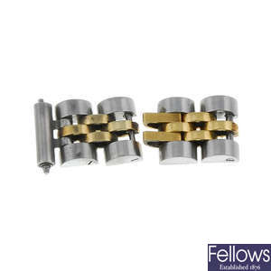 A group of eight lady's bi-metal bracelet links in the style of Rolex.
