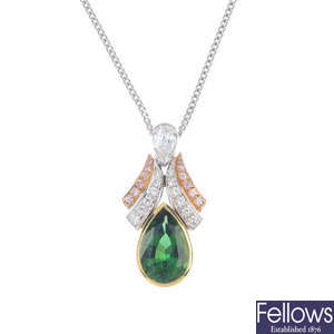 A diamond, colour treated 'pink' diamond and tourmaline pendant, with chain.