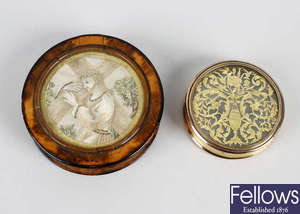 An early 19th century burr wood and tortoiseshell lined circular box, together with a 19th century gilt metal and glass circular box