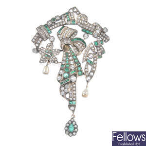 An emerald, paste and cultured pearl brooch with matching ear pendants.