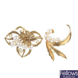 MIKIMOTO - two cultured pearl brooches.