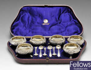 A cased set of six mid-Victorian open silver salts.