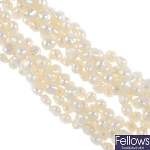 A cultured pearl multi-strand necklace.