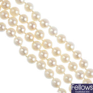 A cultured pearl two-row necklace.