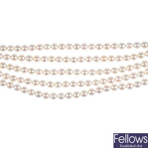 A cultured pearl multi-strand collar.