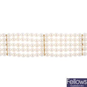 A cultured pearl multi-strand bracelet.