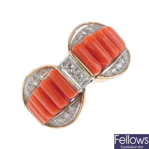 A 1980s coral and diamond dress ring.