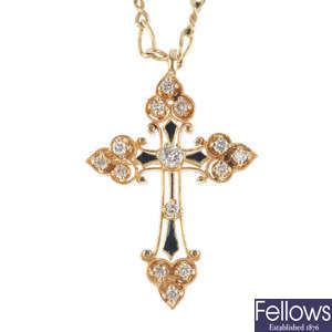 A diamond and enamel cross pendant, with chain.