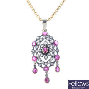 A synthetic ruby and diamond pendant, with chain.
