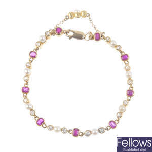A ruby, diamond and seed pearl bracelet.