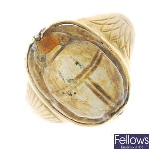 An early 20th century Egyptian revival 18ct gold scarab ring.