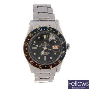 (159858) ROLEX - a gentleman's stainless steel Oyster Perpetual Date GMT-Master bracelet watch.