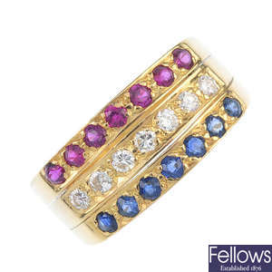 A ruby, diamond and sapphire dress ring.