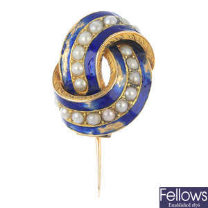 A mid 19th century gold, split pearl and enamel brooch.