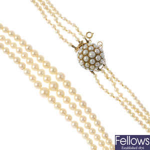 A mid 20th century cultured pearl three-row necklace.