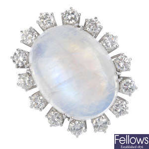 A moonstone and diamond cluster ring.