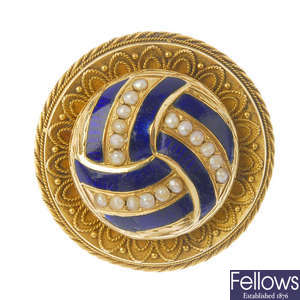 A late 19th century gold enamel and split pearl brooch.