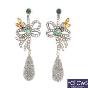 A pair of gem-set and diamond earrings.