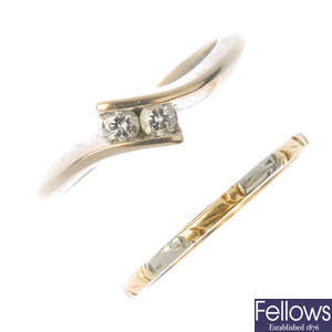 An 18ct gold diamond crossover ring and a mid 20th century gold band ring.