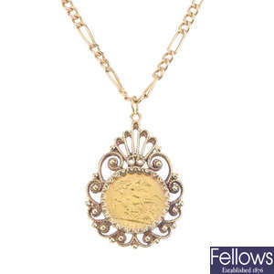 A 9ct gold half sovereign pendant and chain.