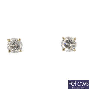 A pair of brilliant-cut diamond diamond ear studs.