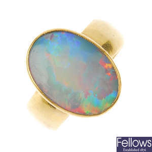 A late Victorian 22ct gold opal doublet ring.