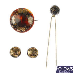 A selection of late Victorian tortoiseshell pique jewellery.