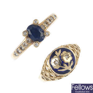 A sapphire and diamond ring and an enamel ring.