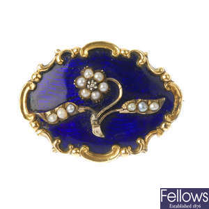 A late Victorian gold, enamel and split pearl memorial brooch.